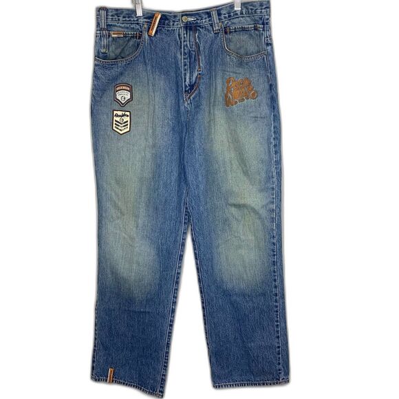 Vtg Rocawear Mens Jeans Blue Baggy Wide Leg Embroidered Patches Y2K‎ 38 x3 3.5 - Picture 1 of 13